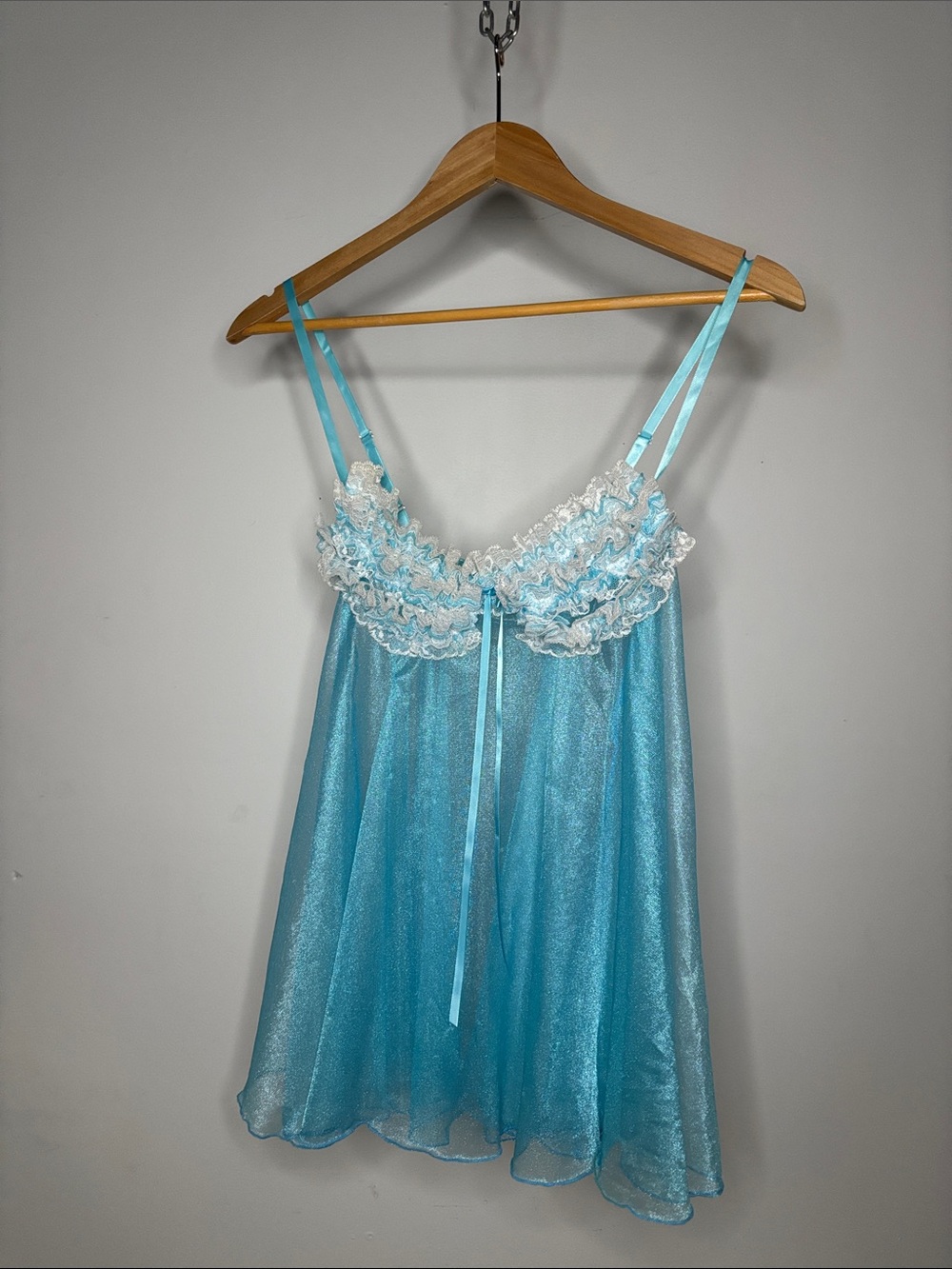 Y2K Era Sheer Ruffled Babydoll Chemise in Aqua with White Lace
